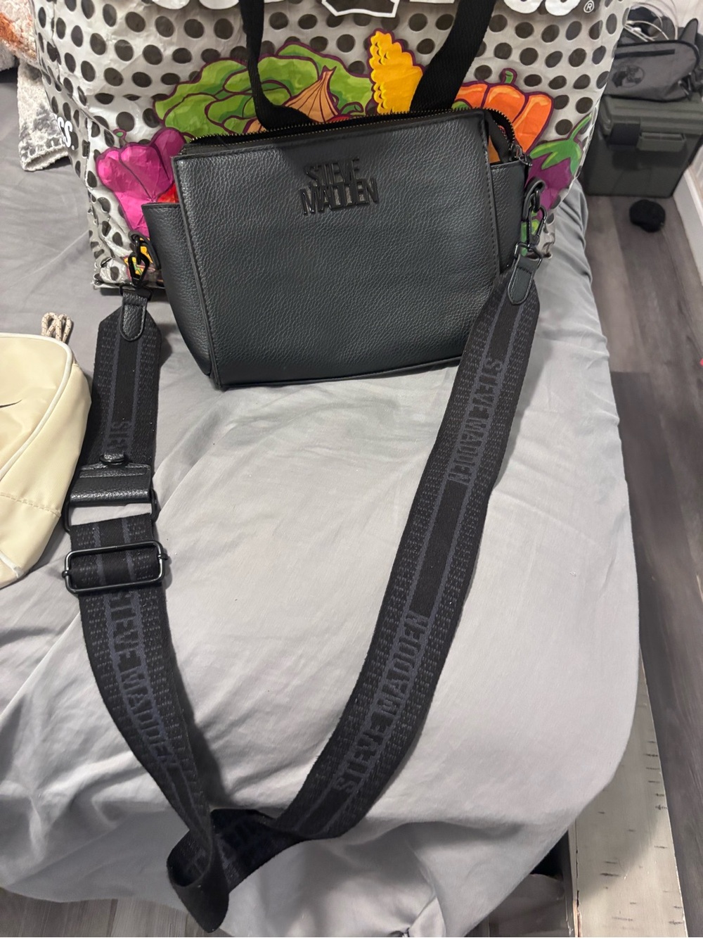 Steve Madden Black Pebbled Leather Crossbody with Branded Strap